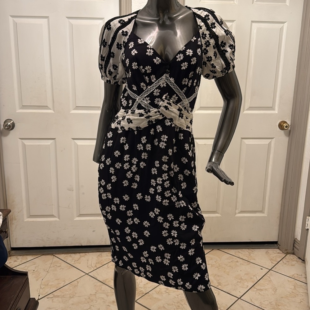 Self-Portrait Black and Cream Floral Midi Dress